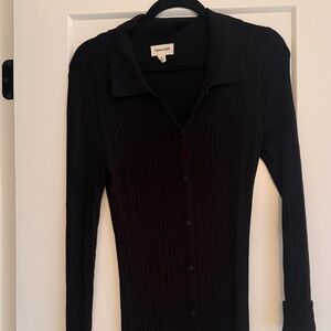 Women's Black Ribbed Button-Front Long Sleeve Top